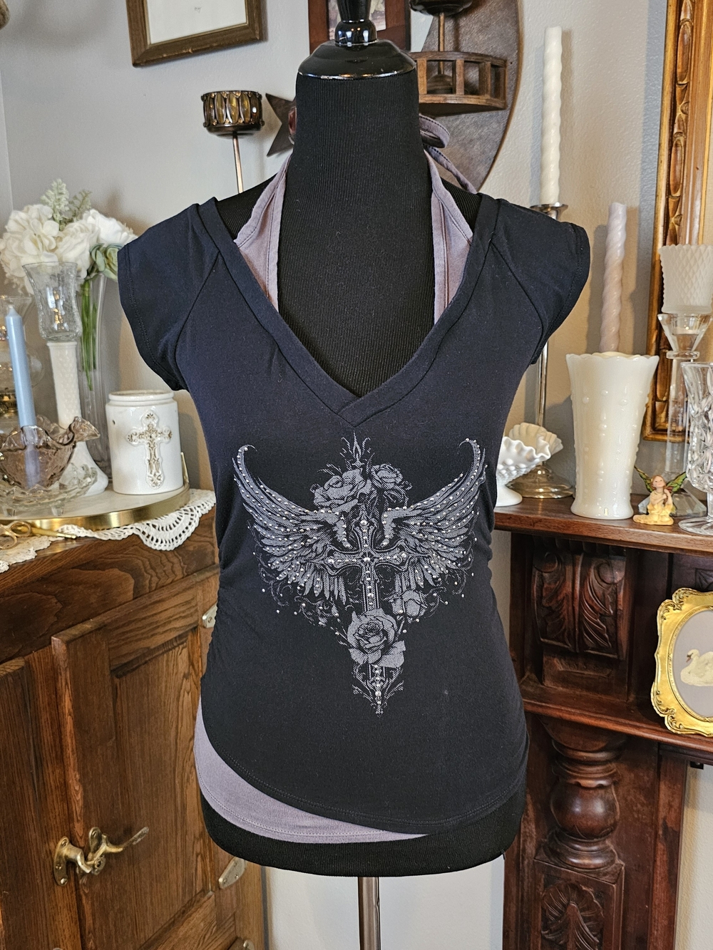 Hot Topic Black Winged Cross Rhinestone Faux Halter Top Y2K Goth Size S